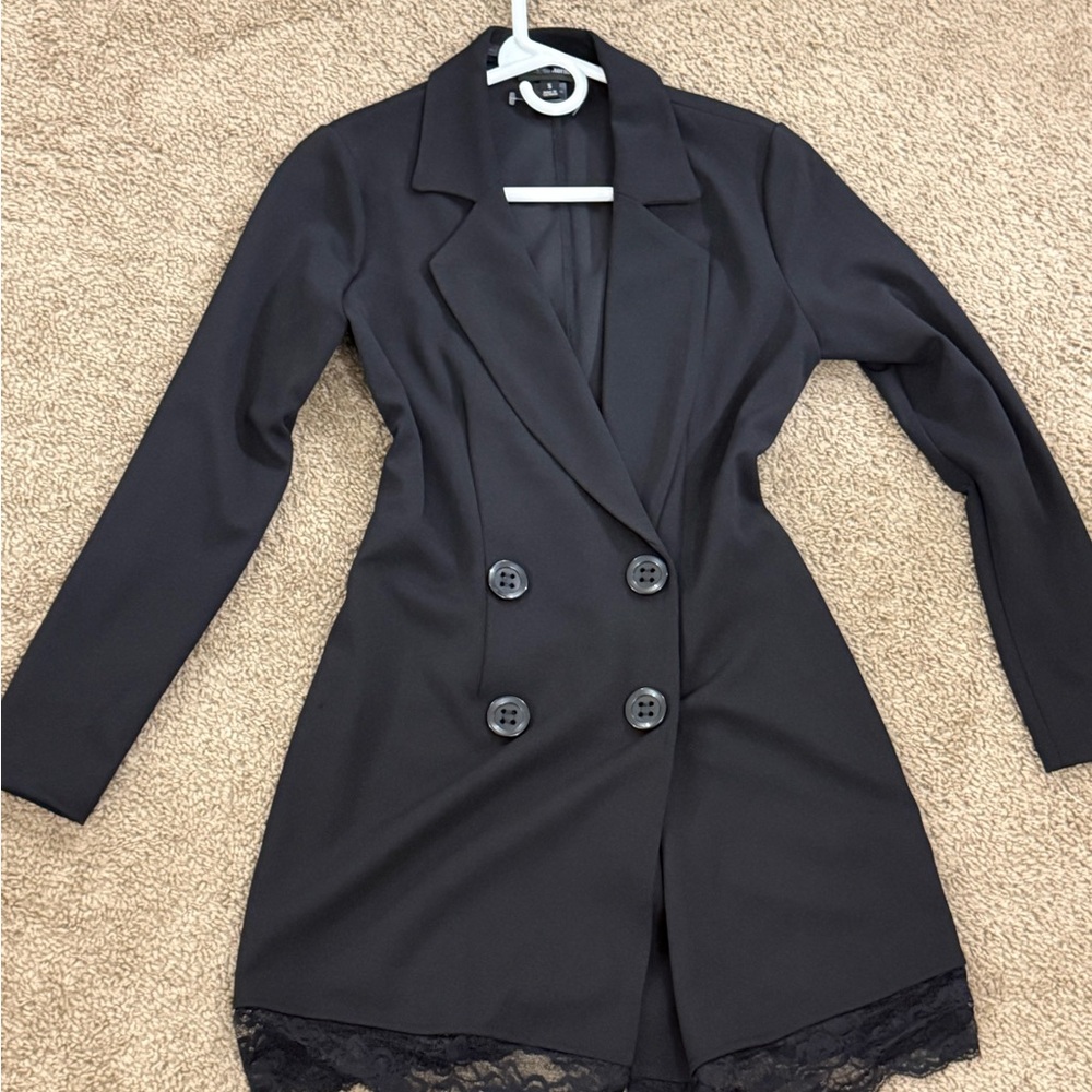 Black Double-Breasted Blazer with Lace Hem